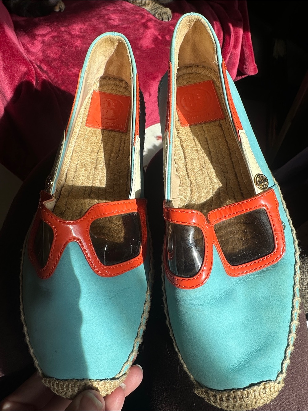 Tory Burch Turquoise and Orange Espadrille Slip-Ons